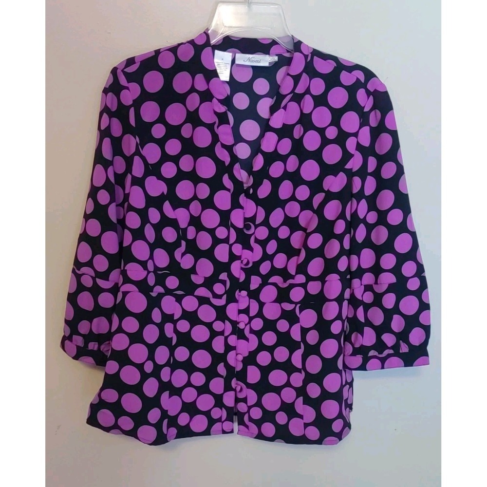 Naomi Women Black Purple Polka Dots Seam Stitch Trademark Label Top Size M